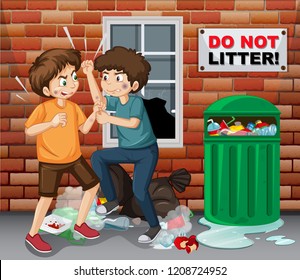 Street teen fighting next trash illustration