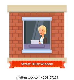 Street teller window with a working clerk woman. Flat illustration. EPS 10 vector.