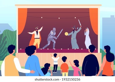 Street Theater. Culture Entertainment, Outdoor Family Art Performance. Magician Show On Stage For Children, Park Festival Vector Illustration