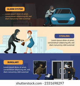 street theft, fraud, theft, robbery situations. horizontal banners on the topic of burglary and criminal organizations. vector cartoon web temlates.