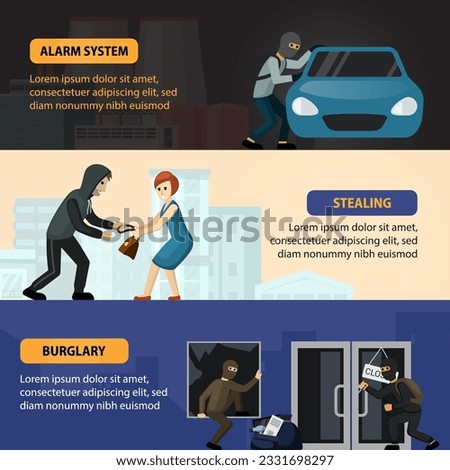 street theft, fraud, theft, robbery situations. horizontal banners on the topic of burglary and criminal organizations. vector cartoon web temlates.