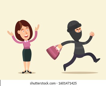 Street thief grubbed out purse from woman hands and running away. Woman confused and shocked, calls for help. Robbery in city, concept. Vector illustration, flat cartoon style. Isolated background.