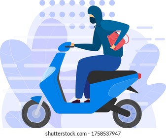 Street Thief Robber In Black Face Mask Ride Motorbike, Male Character Raider Stolen Woman Red Handbag Isolated On White, Flat Vector Illustration. Man Rob Snatched Bag And Drive Away.