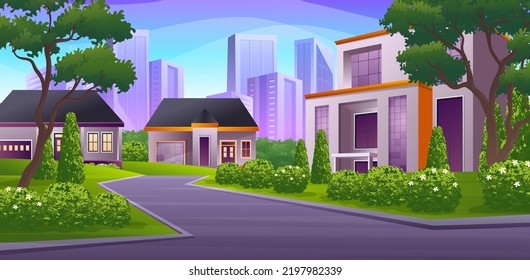 Street through the small town with green lawn, bush, trees and skyscraper buildings vector illustration