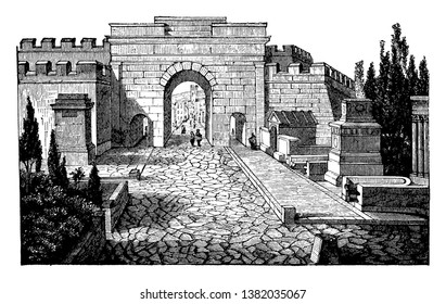 Street of Tombs at Pompeii, smaller dimensions various forms, abnormal decorations were employed, a shape similar to an altar or a temple, vintage line drawing or engraving illustration.