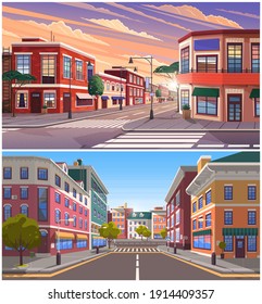 Street of town day and evening time lighting, historic urban area with trees and streetlights. Cityscape with vintage brick buildings, road with crosswalk and pedestrian walkway cartoon illustration