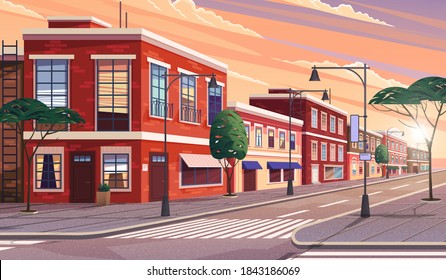 Street of town illustration of the historic urban area with trees and streetlight in evening time. Cityscape with vintage brick building, narrow road and pedestrian walkway, shop windows and cafes