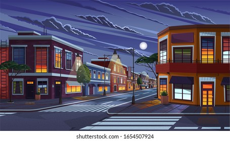 Street of town at night. Cityscape with old apartment houses and light in windows. Cartoon vector illustration of historic urban area. City street with vintage houses building. Old urban landscape