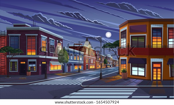 Street of town at night. Cityscape with old\
apartment houses and light in windows. Cartoon vector illustration\
of historic urban area. City street with vintage houses building.\
Old urban landscape