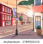 Street of town vector cartoon illustration of the historic urban area with trees and streetlight. Cityscape with vintage brick building, narrow road and pedestrian walkway view from the corner