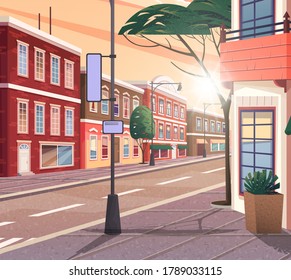 Street of town vector cartoon illustration of the historic urban area with trees and streetlight. Cityscape with vintage brick building, narrow road and pedestrian walkway view from the corner