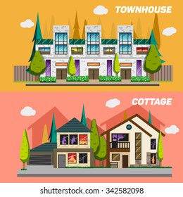 Street with townhouses and country houses with a garden. Set of elements for the construction of urban landscapes. Small town and home concept banners. Vector flat design illustration