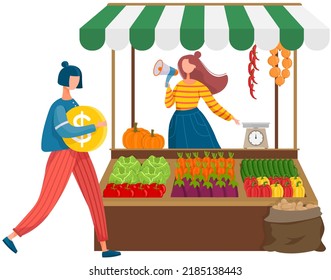 Street Trade Farm Stall. Girl Seller Attracts Buyers. Outdoor Stand With Canopy And Fresh Vegetables Organic Trade Fair Tent New Harvest Rural Food Business Traditional Healthy And Natural Food Sale.