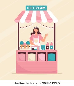 Street trade, ice cream counter. Happy smiling woman selling ice cream at a kiosk. A counter with products on the market. Vector cartoon illustration