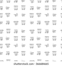 Street trade trolleys seamless vector pattern hand drawn style. Sale of fast food, coffee shop, stores. Sketch vector background. Doodle design elements.