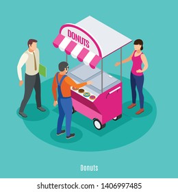 Street trading isometric background with female seller near food cart and two male persons buying donuts vector illustration 