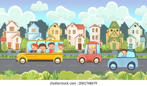 Street traffic. Cartoon childrens illustration. Children on vacation. Town landscape with suburban road. Automotive tourism. Travel children. Fun and happy. Vector.