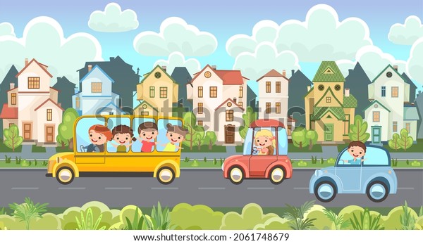 Street traffic. Cartoon childrens\
illustration. Children on vacation. Town landscape with suburban\
road. Automotive tourism. Travel children. Fun and happy.\
Vector.