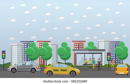 Street traffic concept vector illustration in flat design. Automobiles going across the main street. People waiting for city bus at the bus stop. Woman hailing a taxi.