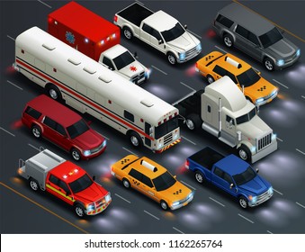 Street traffic realistic isometric transportation composition with bus taxi van ambulance pickup vehicles lights on vector illustration 