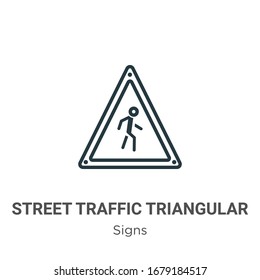 Street traffic triangular signal with a walker outline vector icon. Thin line black street traffic triangular signal with a walker icon, flat vector simple element illustration from editable signs 