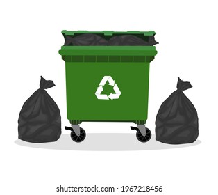 Street trash can filled with waste bags. Flat vector illustration.