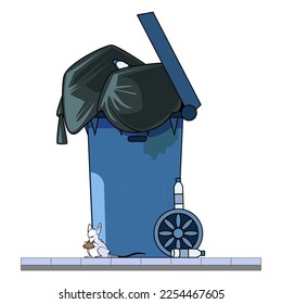 street trash cart, blue, a mouse sits next to it, a lot of garbage, vector illustration, wheel