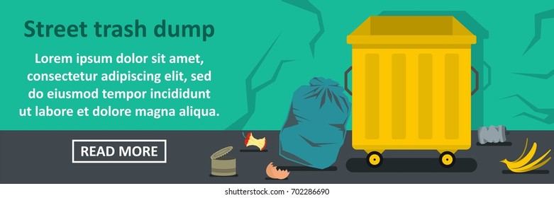 Street trash dump banner horizontal concept. Flat illustration of street trash dump banner horizontal vector concept for web