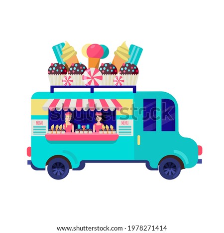 Street truck concept with food and desserts isolated on white background.  illustration in a flat cartoon style - a fast food car with cupcakes and ice cream on the roof and two cute saleswomen