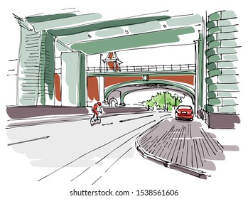 Street under the bridge - hand drawn sketch