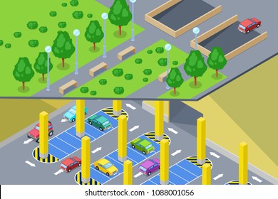 Street underground car parking. Vector isometric 3D illustration. Urban building construction and city transport traffic concept.