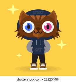 Street Urban Hip-hop Cat in Hoodie Flat Vector Illustration