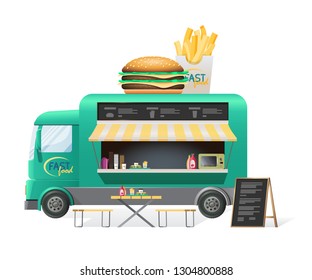 Street van with fast food, shop counter on wheels, stall, sale of hot hamburgers, french fries and other street food. Canopy, on wheels, with hamburgers menu and tasty eating. Vector illustration