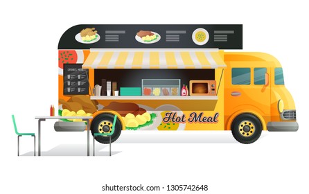 Street van with fast food, shop truck with stall, counter with hot meal. Transportation, canopy, on wheels, with hot meal menu, food assortment and tasty eating. Vector illustration.