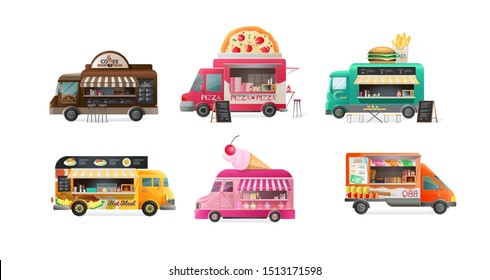 Street van, fast machine transport products food, shop truck with stall. Seasons food transportation canopy on wheels, fast food assortment and tasty eating, streets eat, drinks. Vector illustration