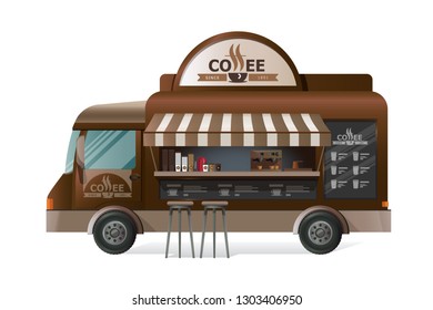 Street van with street food, shop counter on wheels, stall, sale of coffee in the open air. Transportation, canopy, on wheels, with a menu and coffee drinks vector. Sale of fresh drink street food
