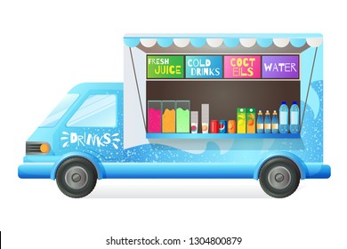 Street van with street food, shop truck counter on wheels, stall, sale of fresh juice, cold drinks, cocktail, water. Transportation, canopy, on wheels, with menu and tasty drinks. Vector illustration.