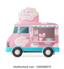 Street van with street food, shop truck counter on wheels, stall, counter with sweet cotton dessert. Transportation, street food on wheels, with menu and cotton candy. Vector illustration.