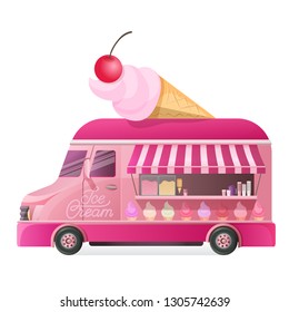 Street van with street food, shop truck cowith types of cool ice cream unter on wheels, counter with sweet cotton dessert. Canopy, on wheels, with ice cream menu and tasty eating. Vector illustration.