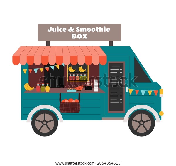 Street van sale fresh juice and smoothies, shop counter\
on wheels. Transport with canopy, menu and healthy fruit and berry\
drinks and snacks. Vegan food bar. Isolated flat cartoon vector\
illustration 