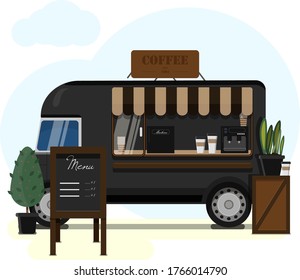 Street van selling coffee. Flat vector illustration of a mobile cafeteria with a canopy, Billboard and coffee machine. Stylish wooden counter with coffee to take away. Street food, summer mobile black