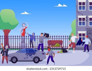 Street vandalism scene flat style, vector illustration. People breaking car with bit, painting wall and statue, flip trash can on bench, street hooligans. Damage, urban protest, teens