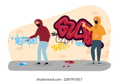 Street vandals painting graffiti. Kids with spray paint paint big, bright letters on walls. Creativity and art. Crime and vandalism, breaking law, street hooligans. Cartoon flat vector illustration