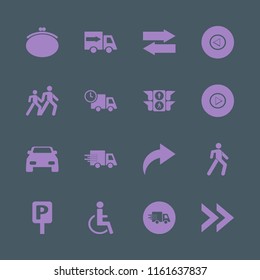 street vector icons set. with fast delivery truck, parking sign, disabled sign and purse in set