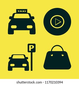 street vector icons set. with parked car, taxi cab, right arrow and handbag in set