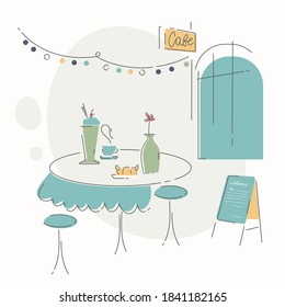 Straßencafé, Vektorgrafik. Romantisches Datum im Restaurant. Leere Stühle und Tisch mit Blume, Weinflasche, Brille. Feiern im Café Terrace