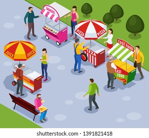 Street vending carts isometric composition with people buying fast food in city park vector illustration