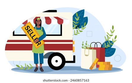 A street vendor beside a food cart with plants, shopping bags, and coins, in a flat graphic style on a white background, illustrating commerce. Flat cartoon vector illustration