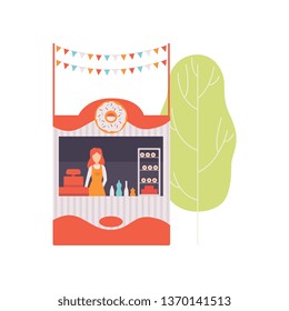 Street Vendor Booth with Donuts and Female Seller, Market Food Counter, Street Market Stall Vector Illustration