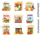 Street vendor booth and farm market food counters vector flat cartoon icons set